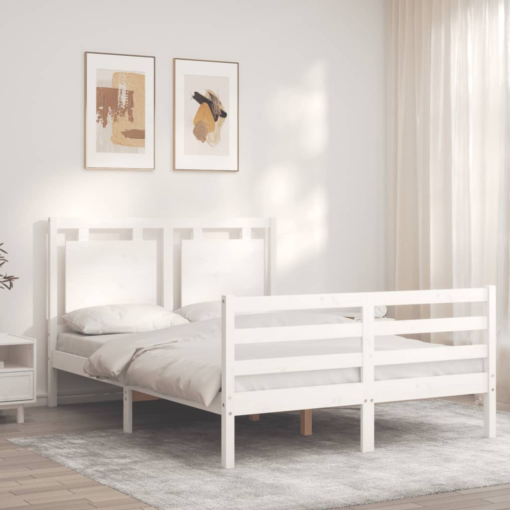 vidaXL Cadru de pat cu tăblie, 140x190 cm, alb, lemn masiv vidaXL Cadru de pat cu tăblie, 140x190 cm, alb, lemn masiv