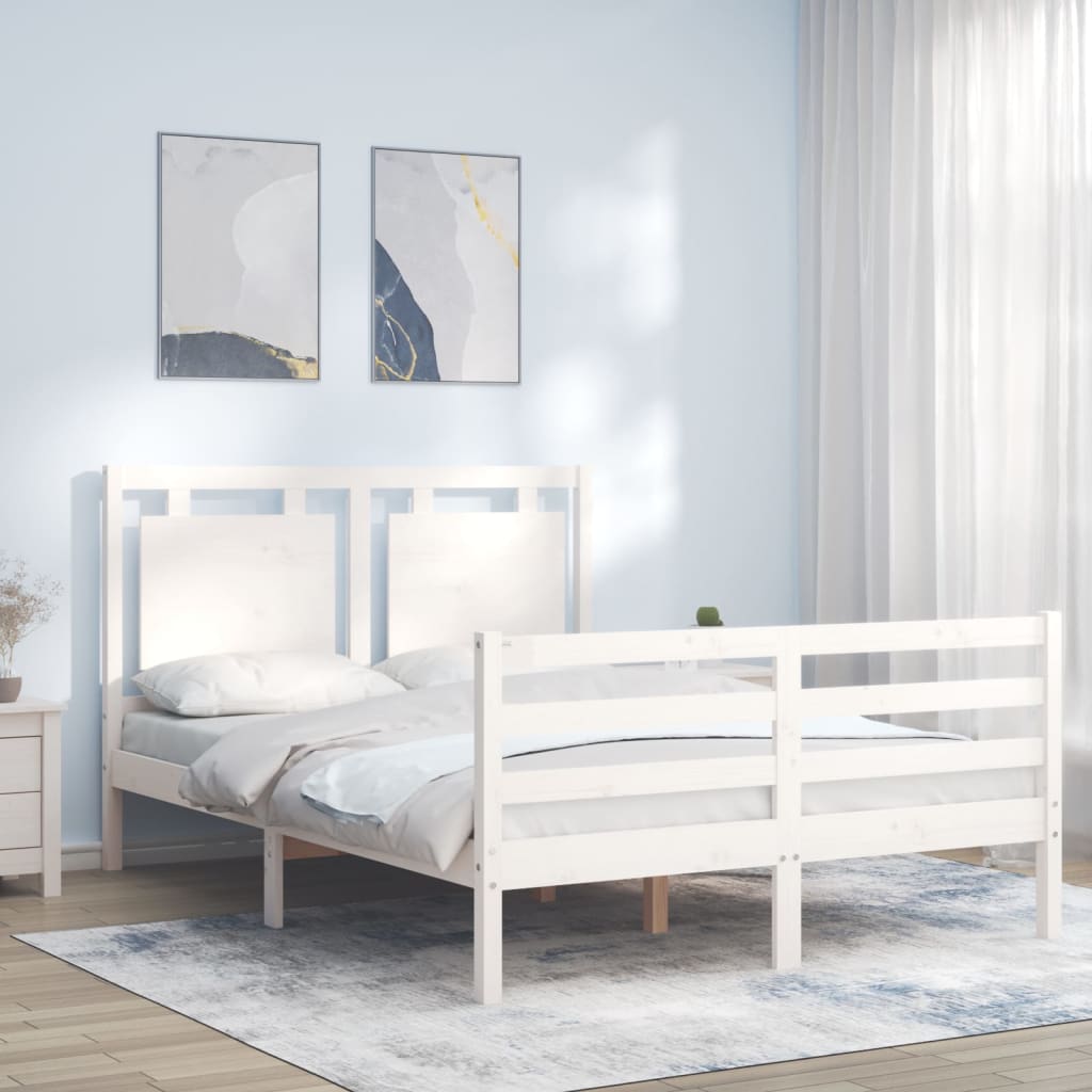 vidaXL Cadru de pat cu tăblie, 140x190 cm, alb, lemn masiv vidaXL Cadru de pat cu tăblie, 140x190 cm, alb, lemn masiv