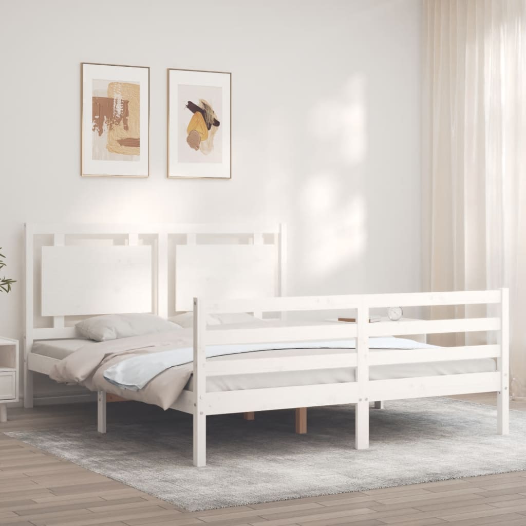 vidaXL Cadru de pat cu tăblie, alb, king size, lemn masiv vidaXL Cadru de pat cu tăblie, alb, king size, lemn masiv