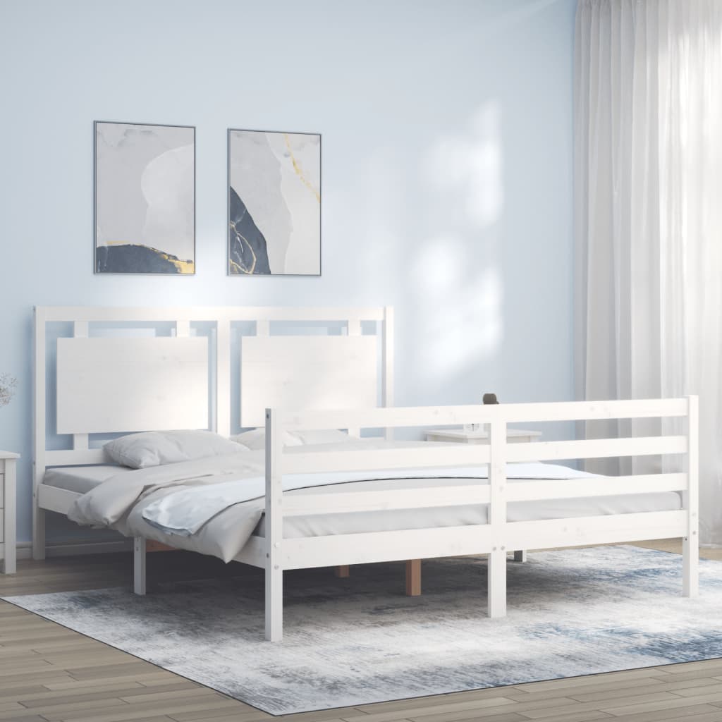 vidaXL Cadru de pat cu tăblie, alb, king size, lemn masiv vidaXL Cadru de pat cu tăblie, alb, king size, lemn masiv