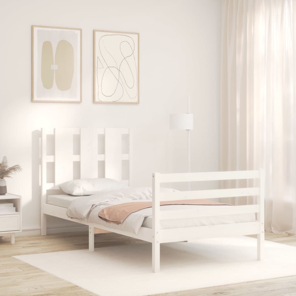 vidaXL Cadru de pat cu tăblie single, alb, lemn masiv