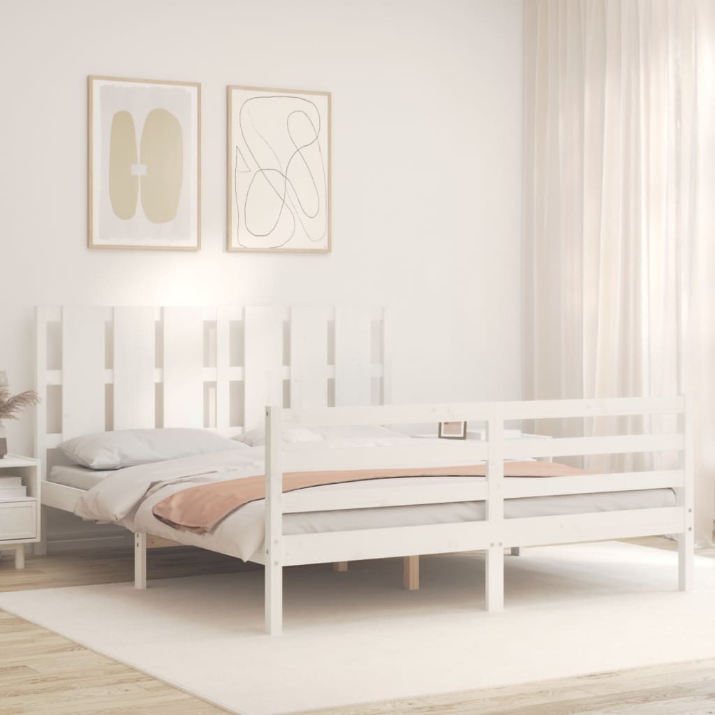 vidaXL Cadru de pat cu tăblie, alb, king size, lemn masiv vidaXL Cadru de pat cu tăblie, alb, king size, lemn masiv
