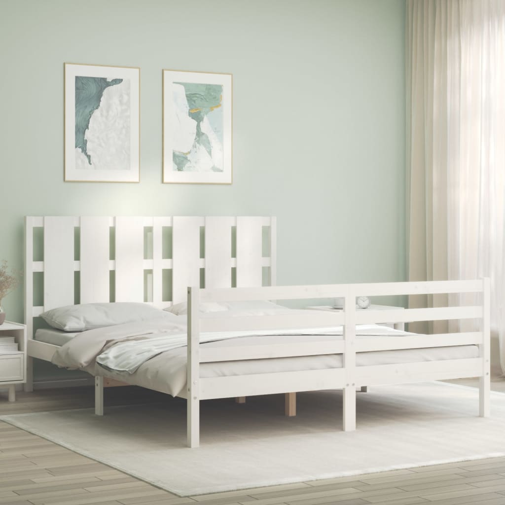 vidaXL Cadru de pat cu tăblie, alb, king size, lemn masiv vidaXL Cadru de pat cu tăblie, alb, king size, lemn masiv