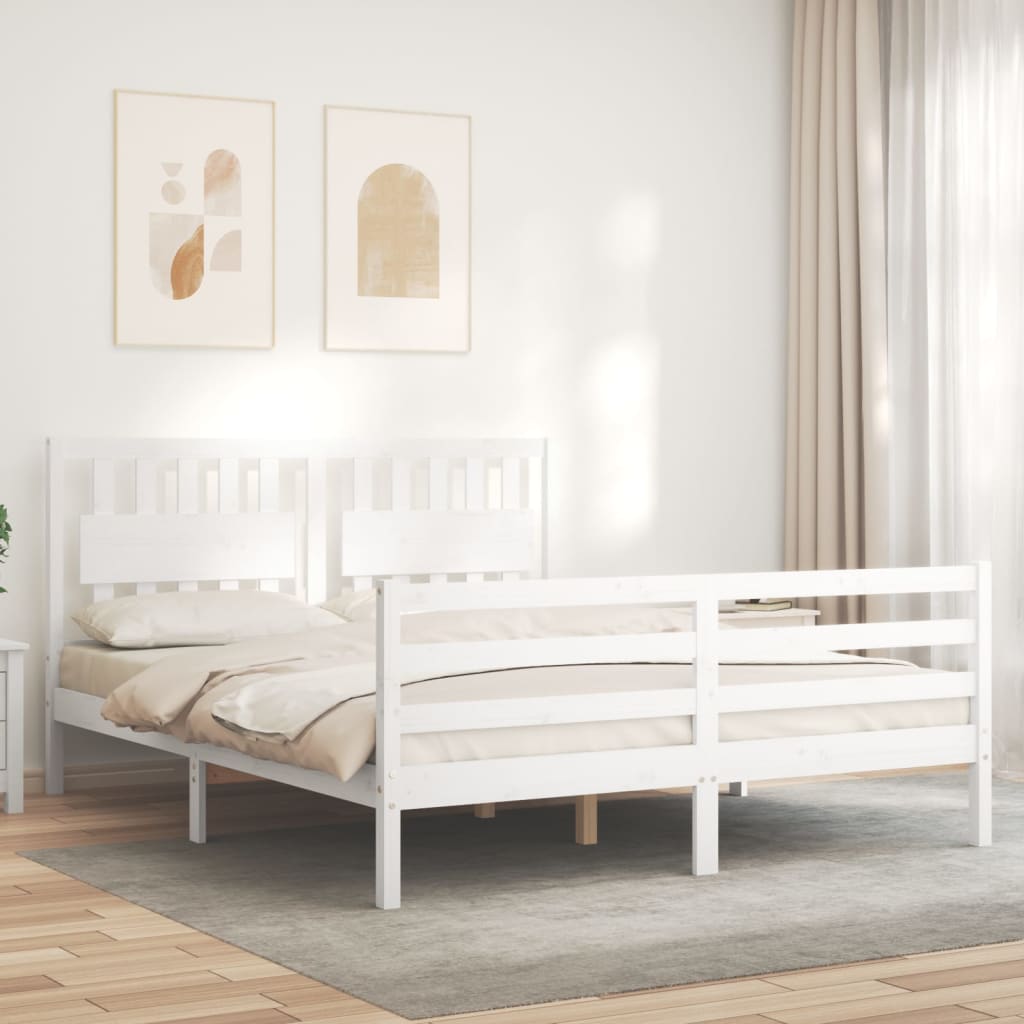 vidaXL Cadru de pat cu tăblie, alb, king size, lemn masiv vidaXL Cadru de pat cu tăblie, alb, king size, lemn masiv