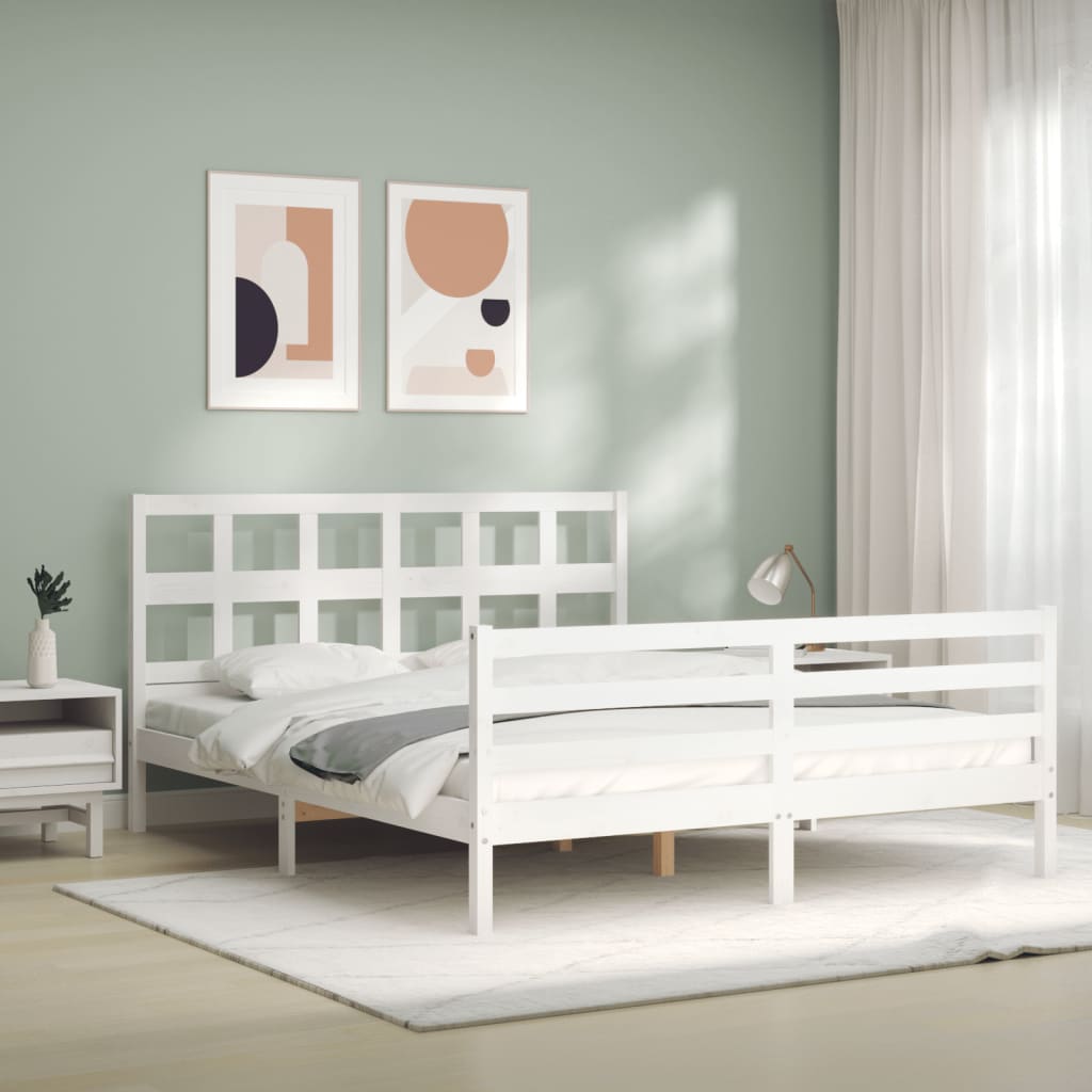vidaXL Cadru de pat cu tăblie, alb, king size, lemn masiv vidaXL Cadru de pat cu tăblie, alb, king size, lemn masiv