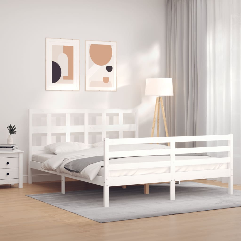 vidaXL Cadru de pat cu tăblie, alb, king size, lemn masiv vidaXL Cadru de pat cu tăblie, alb, king size, lemn masiv