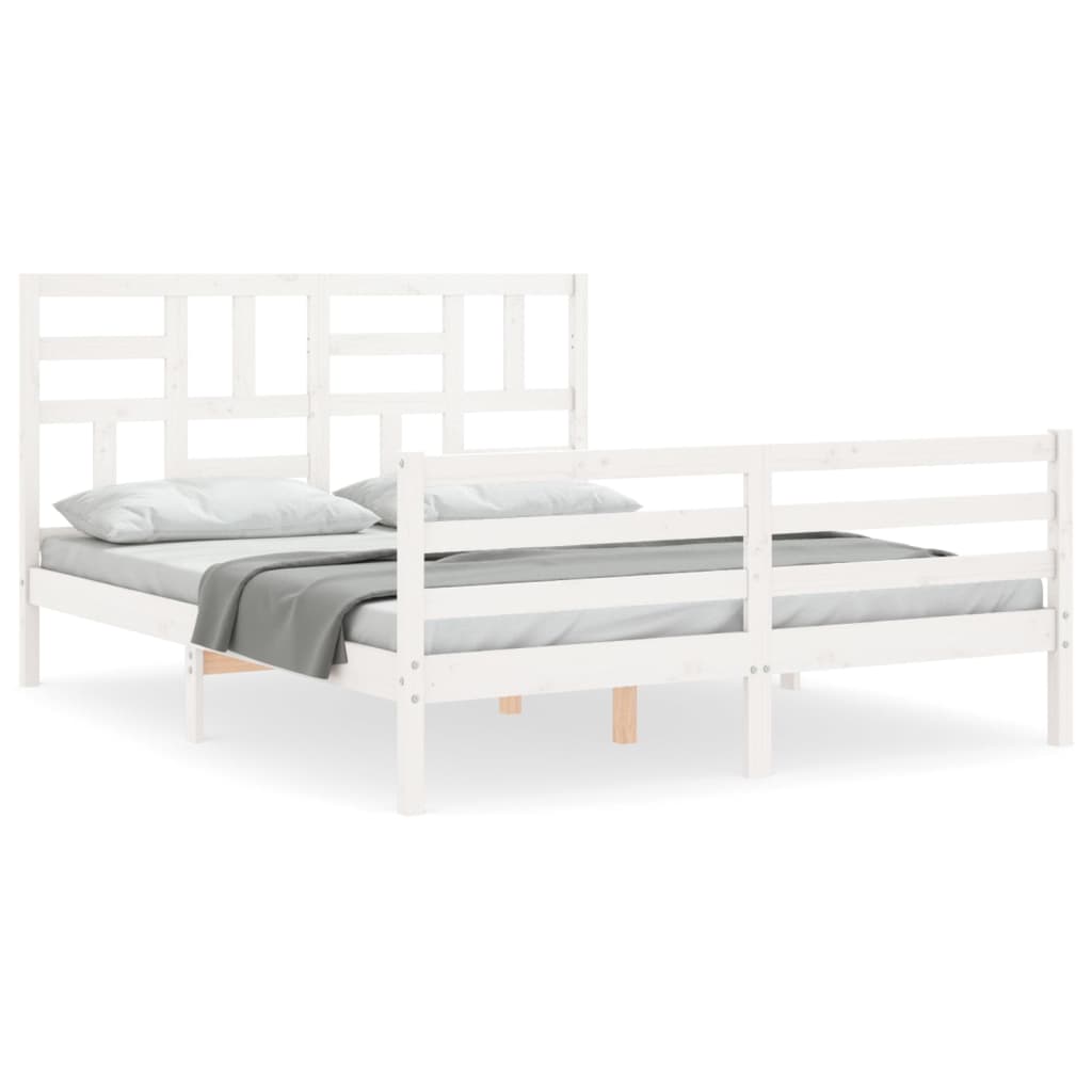 vidaXL Cadru de pat cu tăblie, alb, king size, lemn masiv vidaXL Cadru de pat cu tăblie, alb, king size, lemn masiv