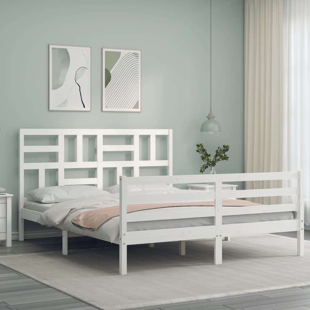 vidaXL Cadru de pat cu tăblie, alb, king size, lemn masiv vidaXL Cadru de pat cu tăblie, alb, king size, lemn masiv