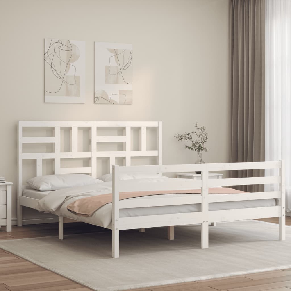 vidaXL Cadru de pat cu tăblie, alb, king size, lemn masiv vidaXL Cadru de pat cu tăblie, alb, king size, lemn masiv