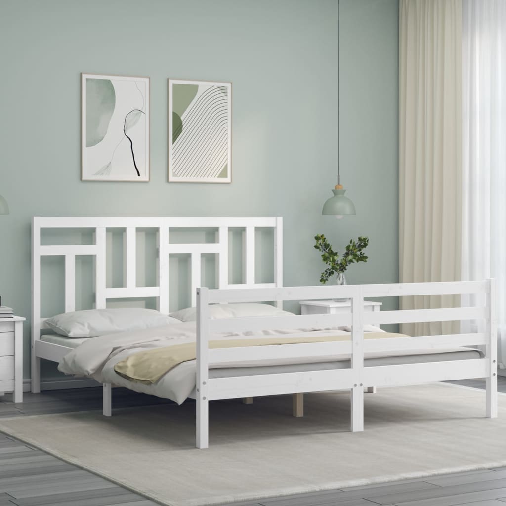 vidaXL Cadru de pat cu tăblie, alb, king size, lemn masiv vidaXL Cadru de pat cu tăblie, alb, king size, lemn masiv