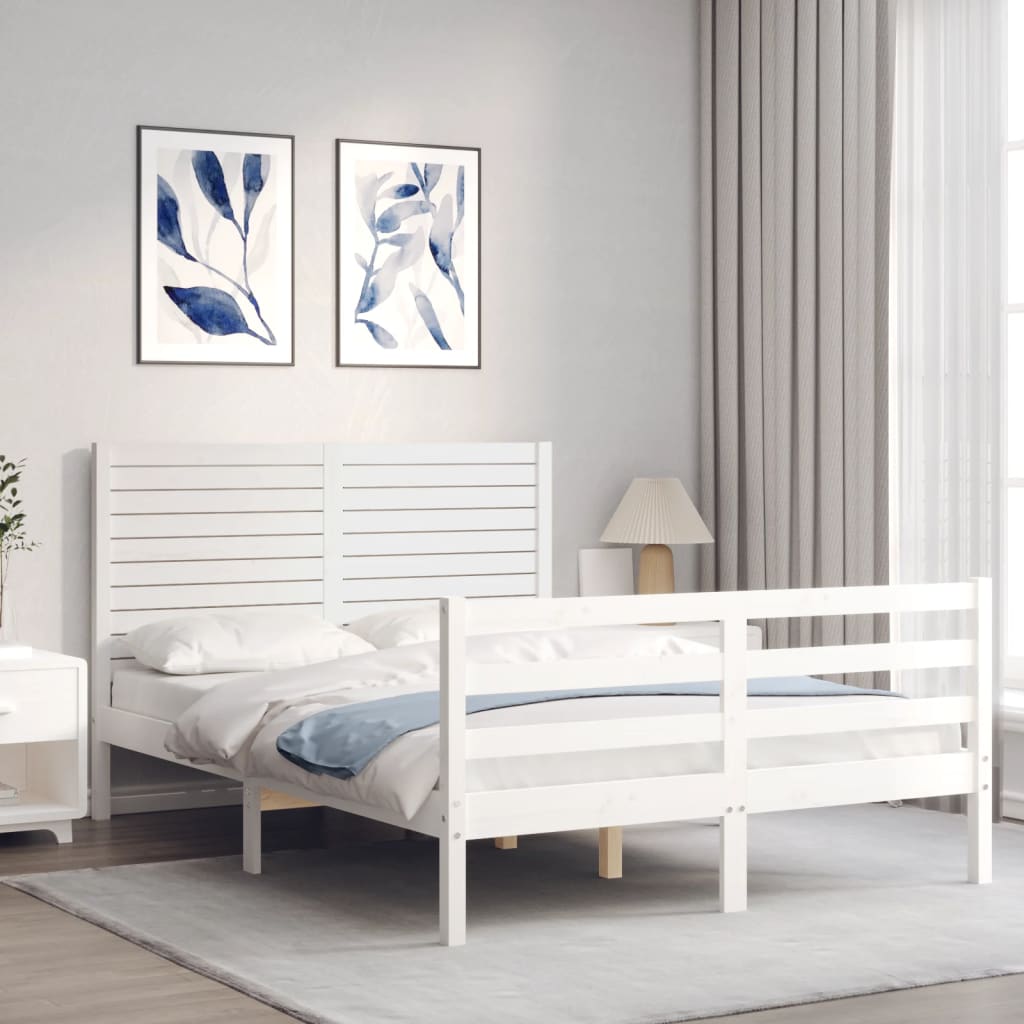 vidaXL Cadru de pat cu tăblie, alb, 140x200 cm, lemn masiv vidaXL Cadru de pat cu tăblie, alb, 140x200 cm, lemn masiv