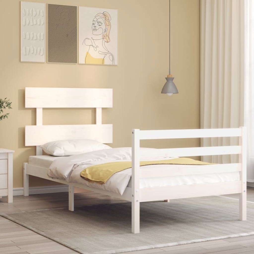 vidaXL Cadru de pat cu tăblie single, alb, lemn masiv vidaXL Cadru de pat cu tăblie single, alb, lemn masiv