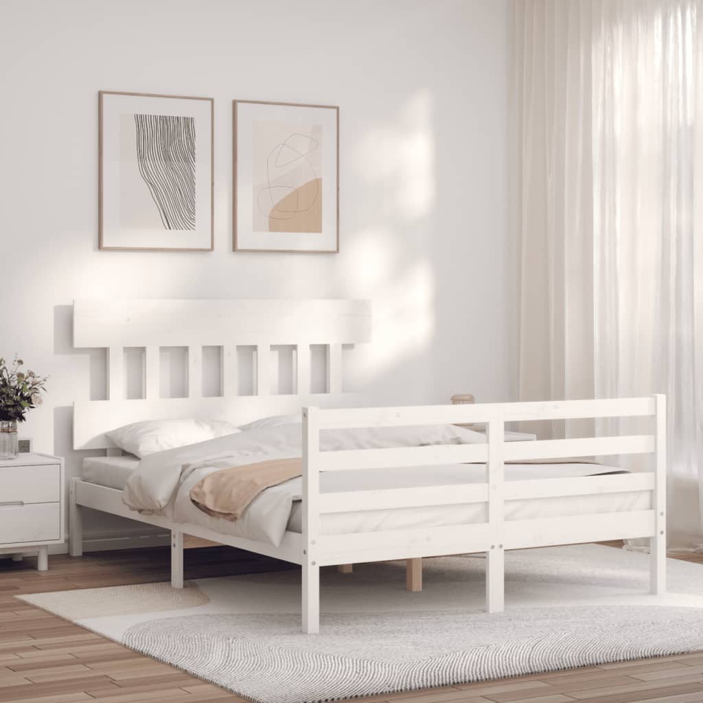 vidaXL Cadru de pat cu tăblie, alb, 140x200 cm, lemn masiv vidaXL Cadru de pat cu tăblie, alb, 140x200 cm, lemn masiv