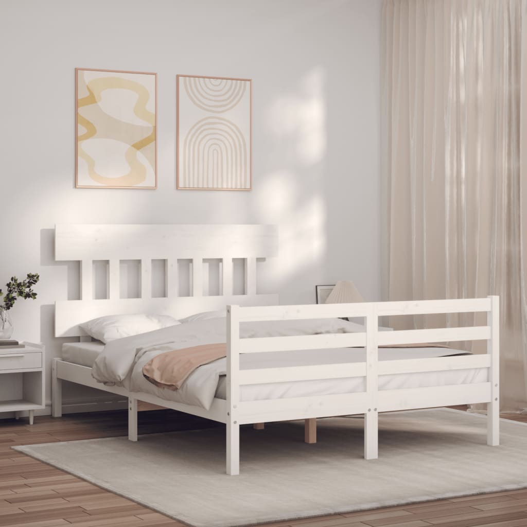vidaXL Cadru de pat cu tăblie, alb, 140x200 cm, lemn masiv vidaXL Cadru de pat cu tăblie, alb, 140x200 cm, lemn masiv
