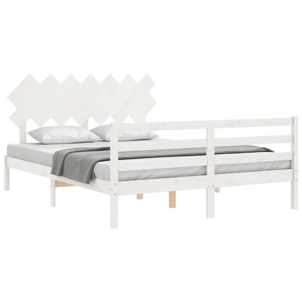 vidaXL Cadru de pat cu tăblie, 140x190 cm, alb, lemn masiv vidaXL Cadru de pat cu tăblie, 140x190 cm, alb, lemn masiv