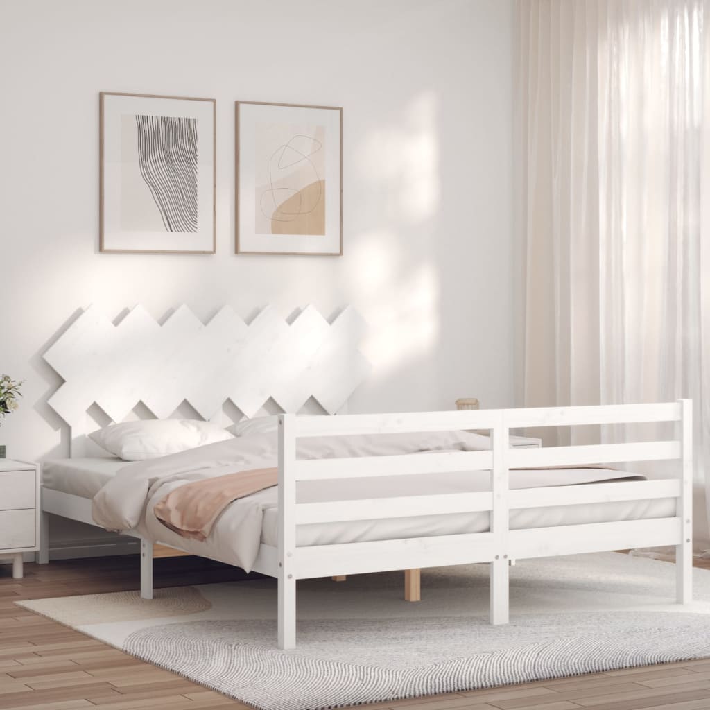 vidaXL Cadru de pat cu tăblie, 140x190 cm, alb, lemn masiv vidaXL Cadru de pat cu tăblie, 140x190 cm, alb, lemn masiv