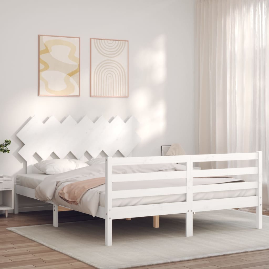 vidaXL Cadru de pat cu tăblie, alb, 140x200 cm, lemn masiv vidaXL Cadru de pat cu tăblie, alb, 140x200 cm, lemn masiv