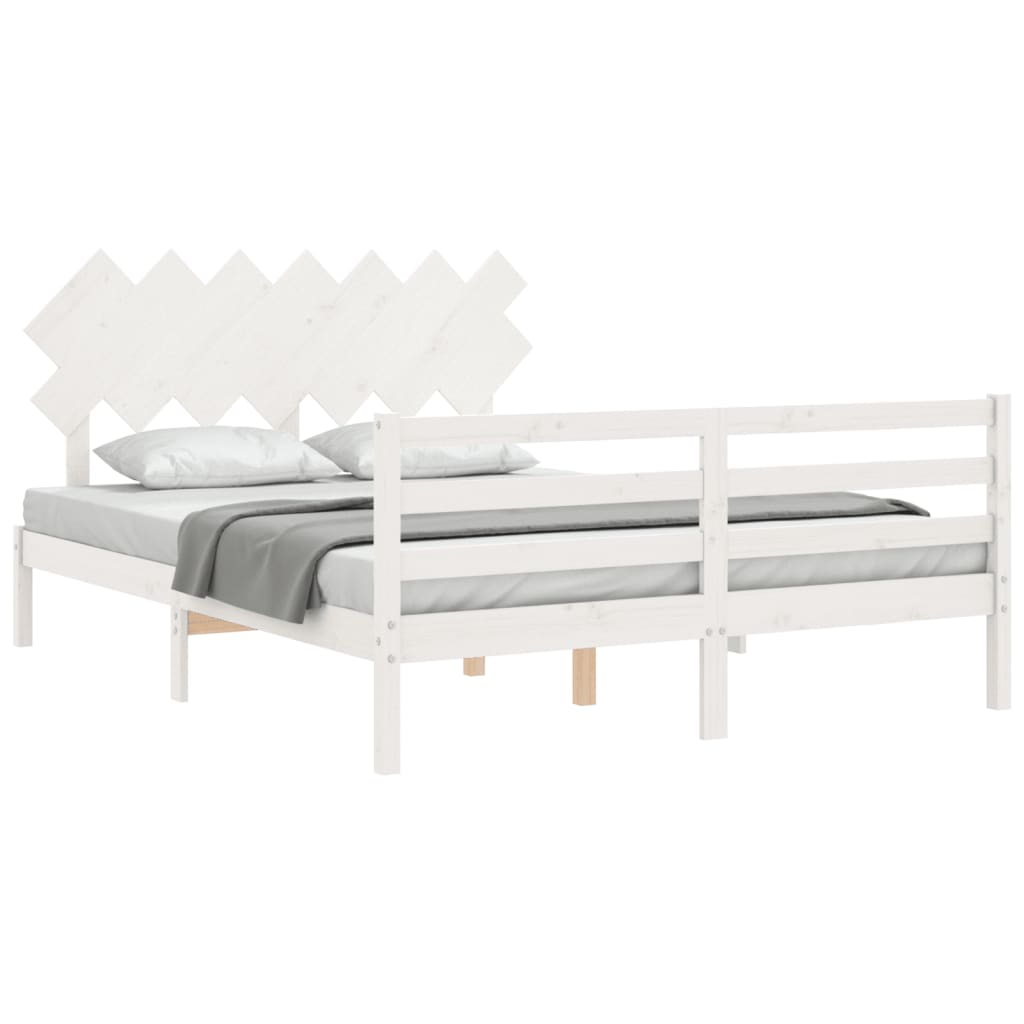 vidaXL Cadru de pat cu tăblie, alb, king size, lemn masiv vidaXL Cadru de pat cu tăblie, alb, king size, lemn masiv