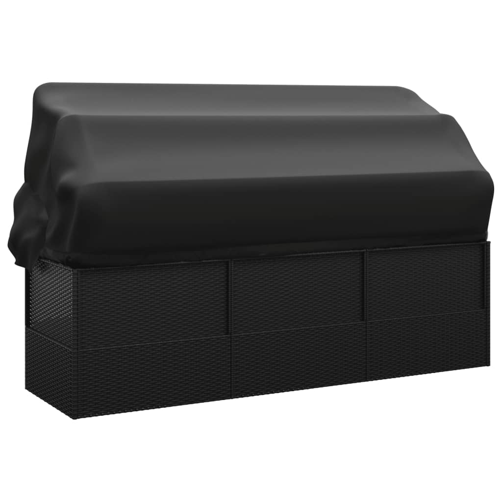 vidaXL Pat șezlong de exterior cu acoperiș și perne, negru, poliratan vidaXL Pat șezlong de exterior cu acoperiș și perne, negru, poliratan