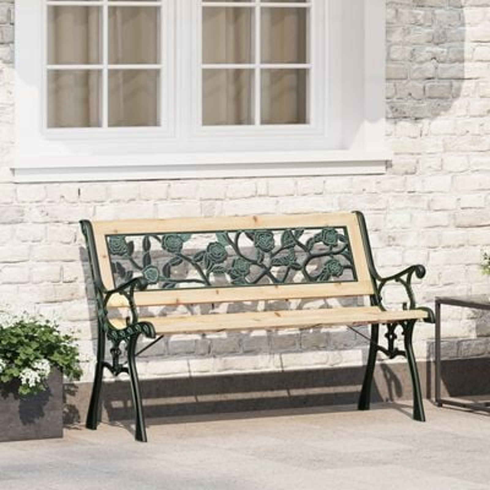 vidaXL Bancă de grădină cu spătar, model trandafir, 116 cm, lemn