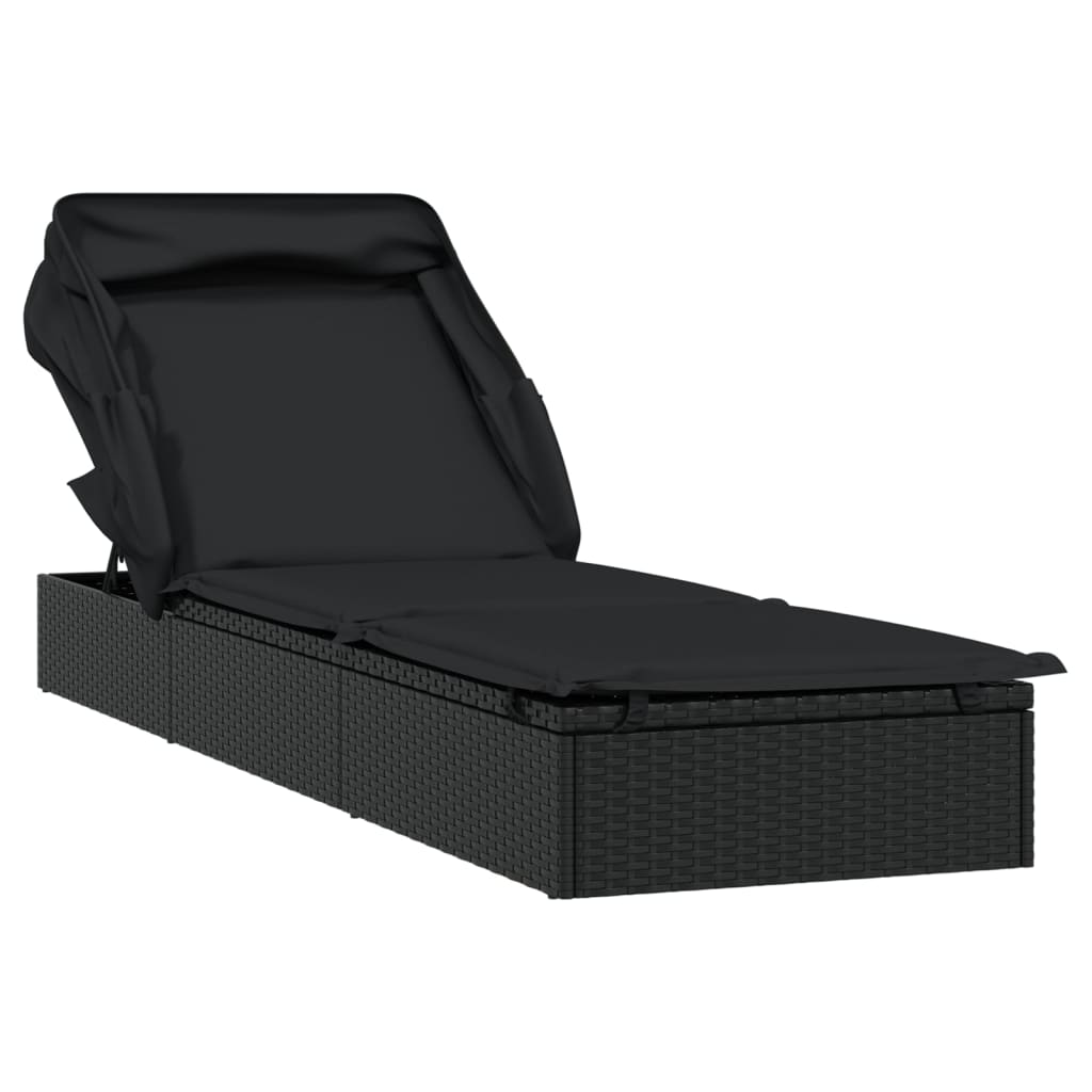 vidaXL Șezlong cu acoperiș pliabil, negru, 213x63x97 cm, poliratan vidaXL Șezlong cu acoperiș pliabil, negru, 213x63x97 cm, poliratan