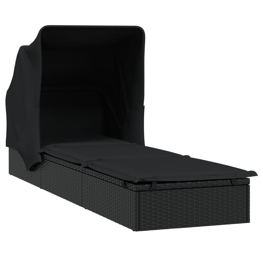 vidaXL Șezlong cu acoperiș pliabil, negru, 213x63x97 cm, poliratan vidaXL Șezlong cu acoperiș pliabil, negru, 213x63x97 cm, poliratan