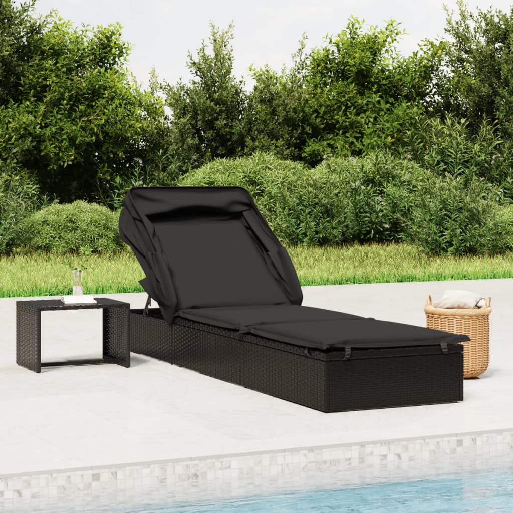 vidaXL Șezlong cu acoperiș pliabil, negru, 213x63x97 cm, poliratan vidaXL Șezlong cu acoperiș pliabil, negru, 213x63x97 cm, poliratan