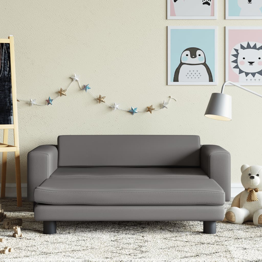 vidaXL Canapea copii cu taburet gri 100x50x30cm piele ecologică vidaXL Canapea copii cu taburet gri 100x50x30cm piele ecologică