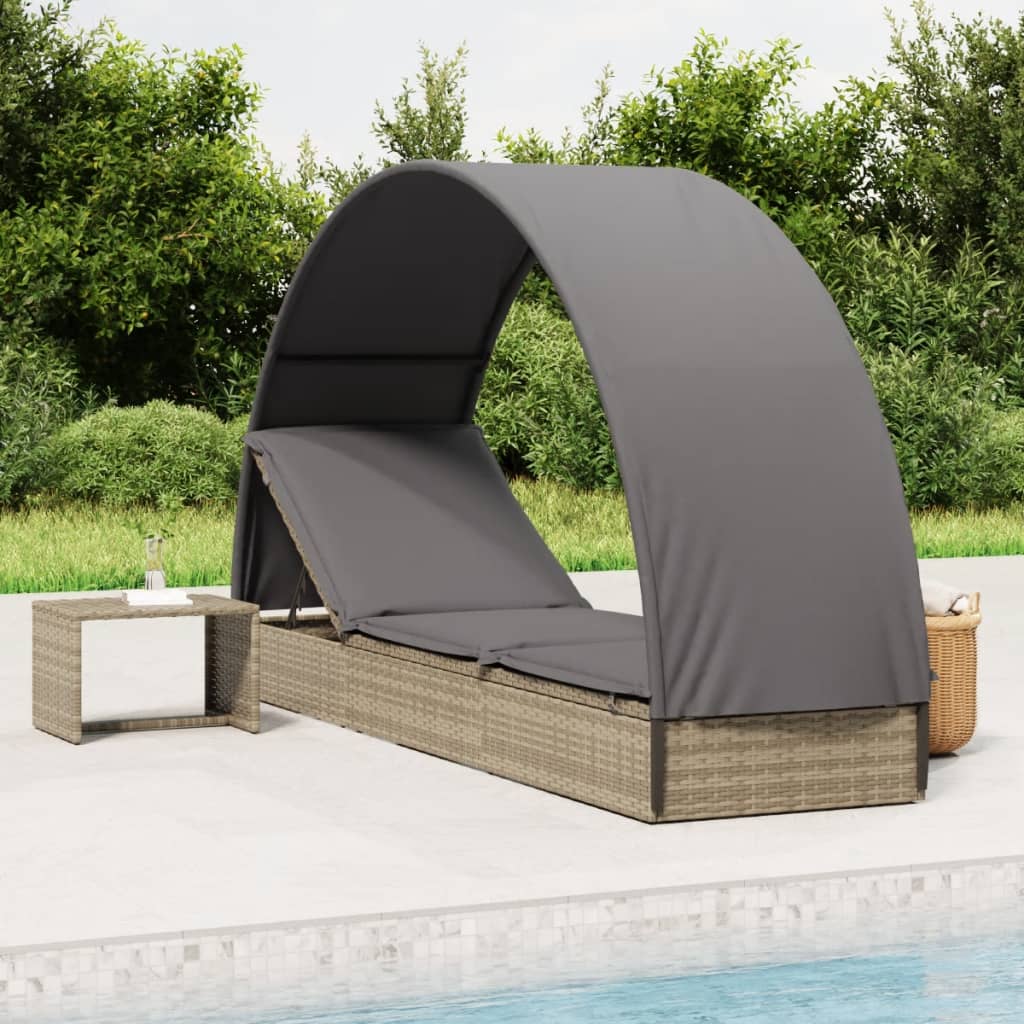 vidaXL Șezlong cu acoperiș rotund, gri, 211x57x140 cm, poliratan vidaXL Șezlong cu acoperiș rotund, gri, 211x57x140 cm, poliratan