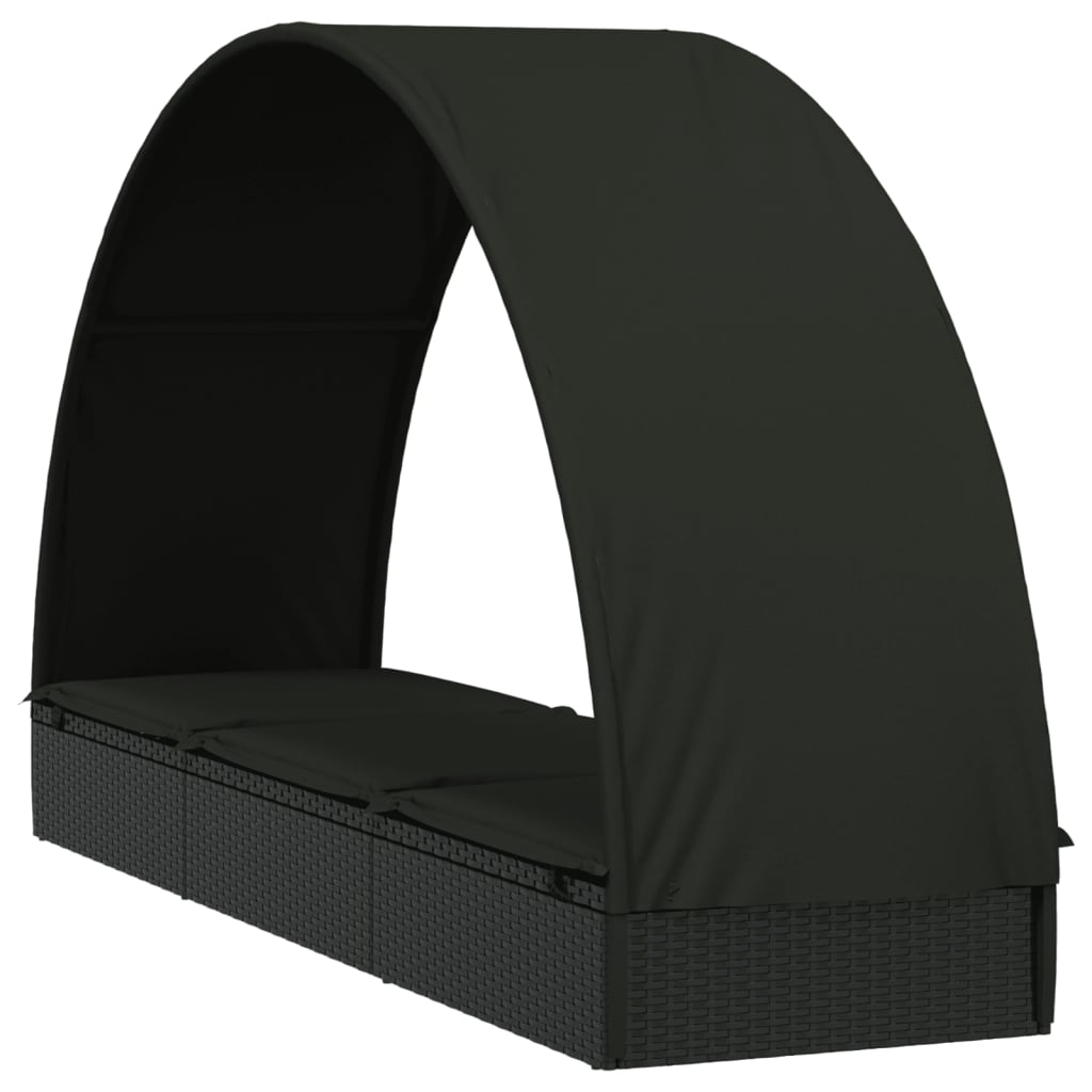 vidaXL Șezlong cu acoperiș rotund, negru, 211x57x140 cm, poliratan