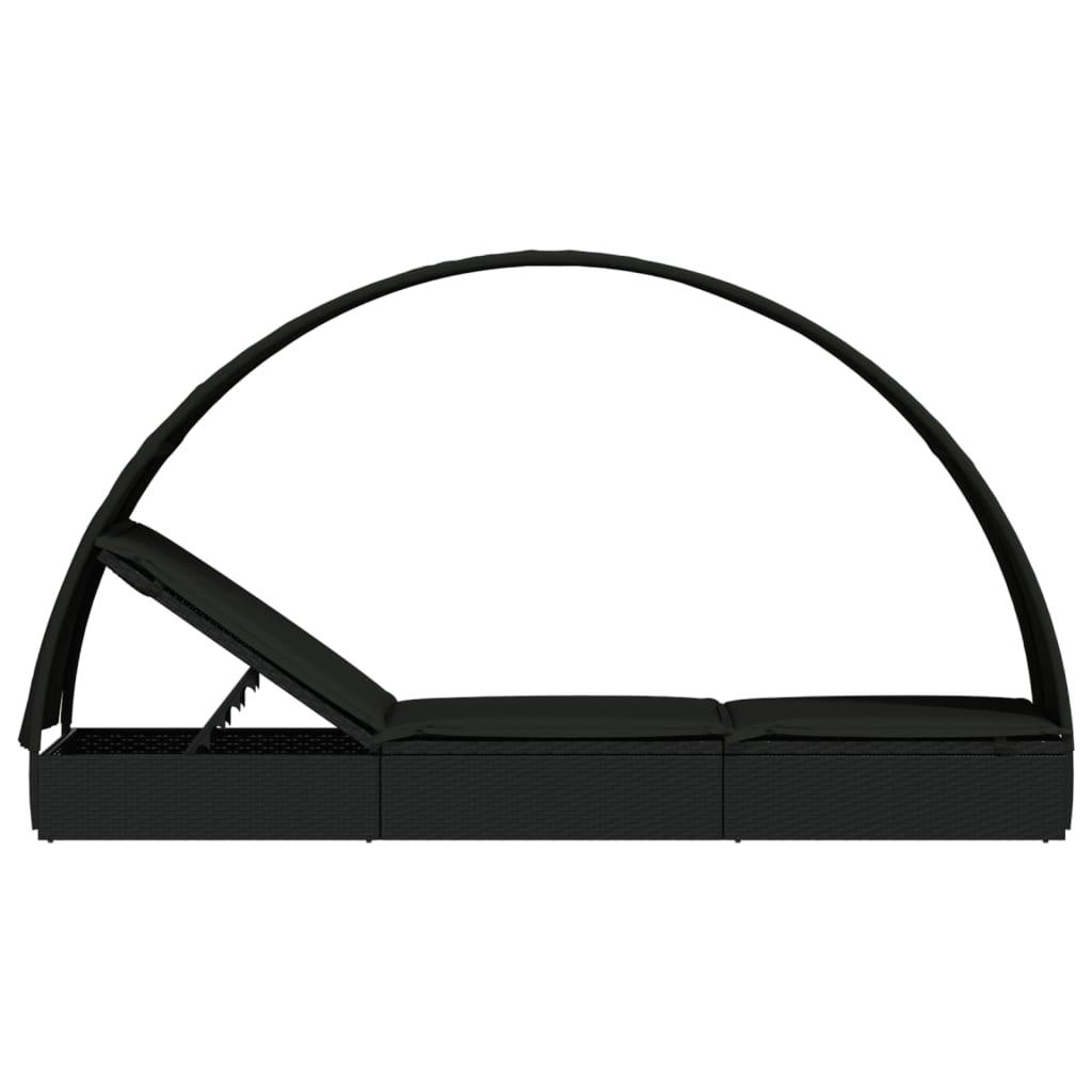 vidaXL Șezlong cu acoperiș rotund, negru, 211x57x140 cm, poliratan