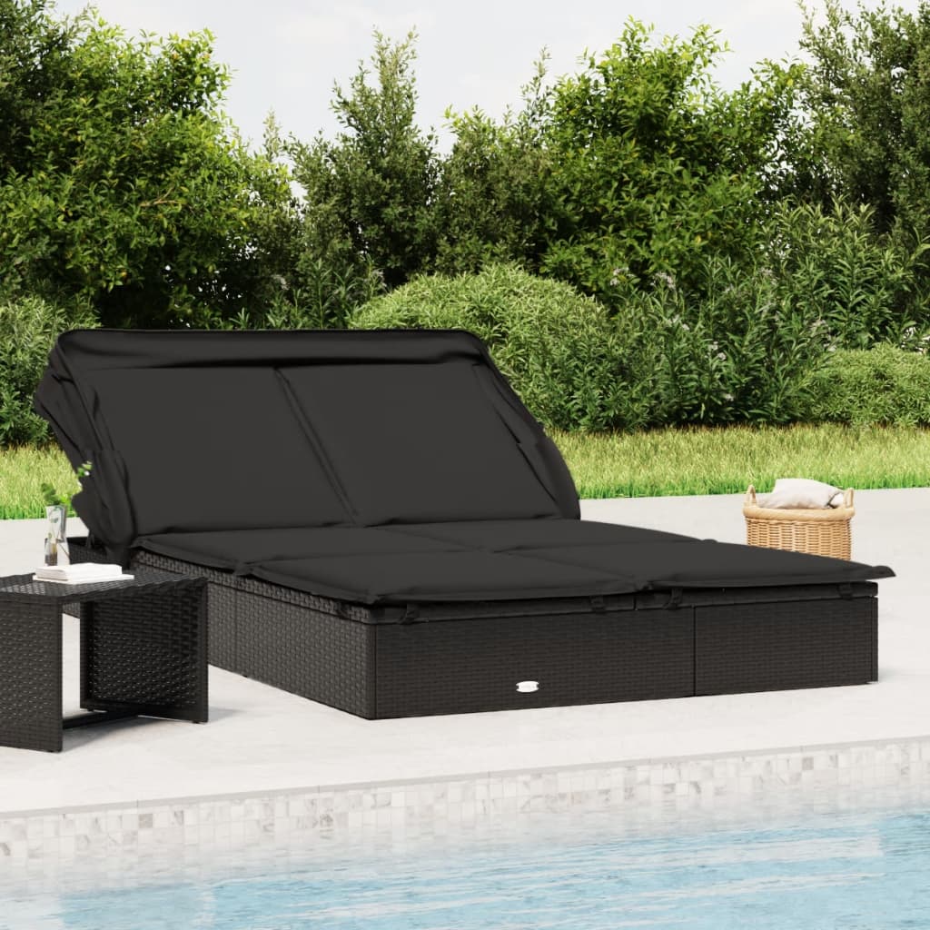 vidaXL Șezlong 2 pers. acoperiș pliabil negru 213x118x97 cm poliratan vidaXL Șezlong 2 pers. acoperiș pliabil negru 213x118x97 cm poliratan