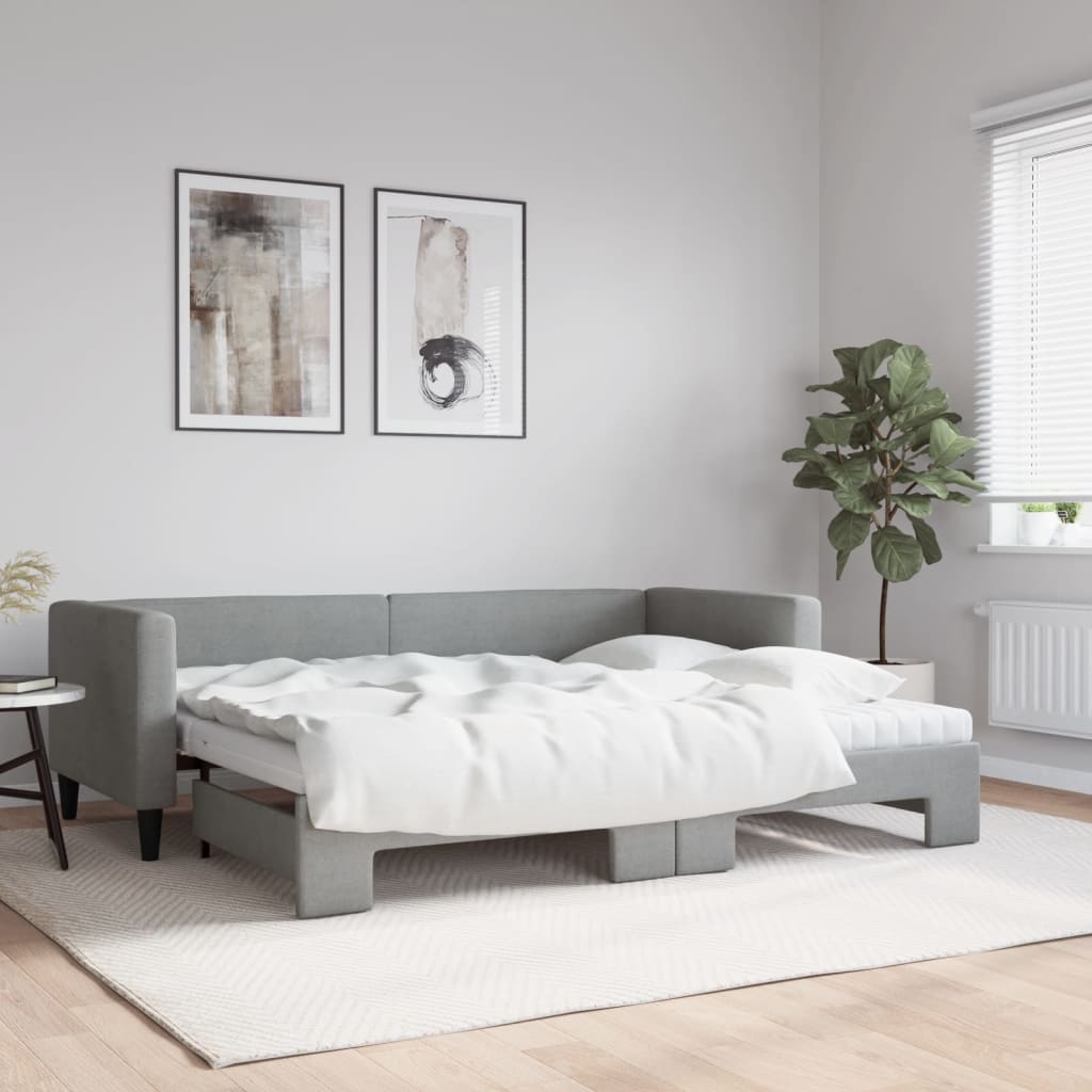 vidaXL Pat de zi cu extensie și saltele, gri deschis, 80x200 cm textil vidaXL Pat de zi cu extensie și saltele, gri deschis, 80x200 cm textil