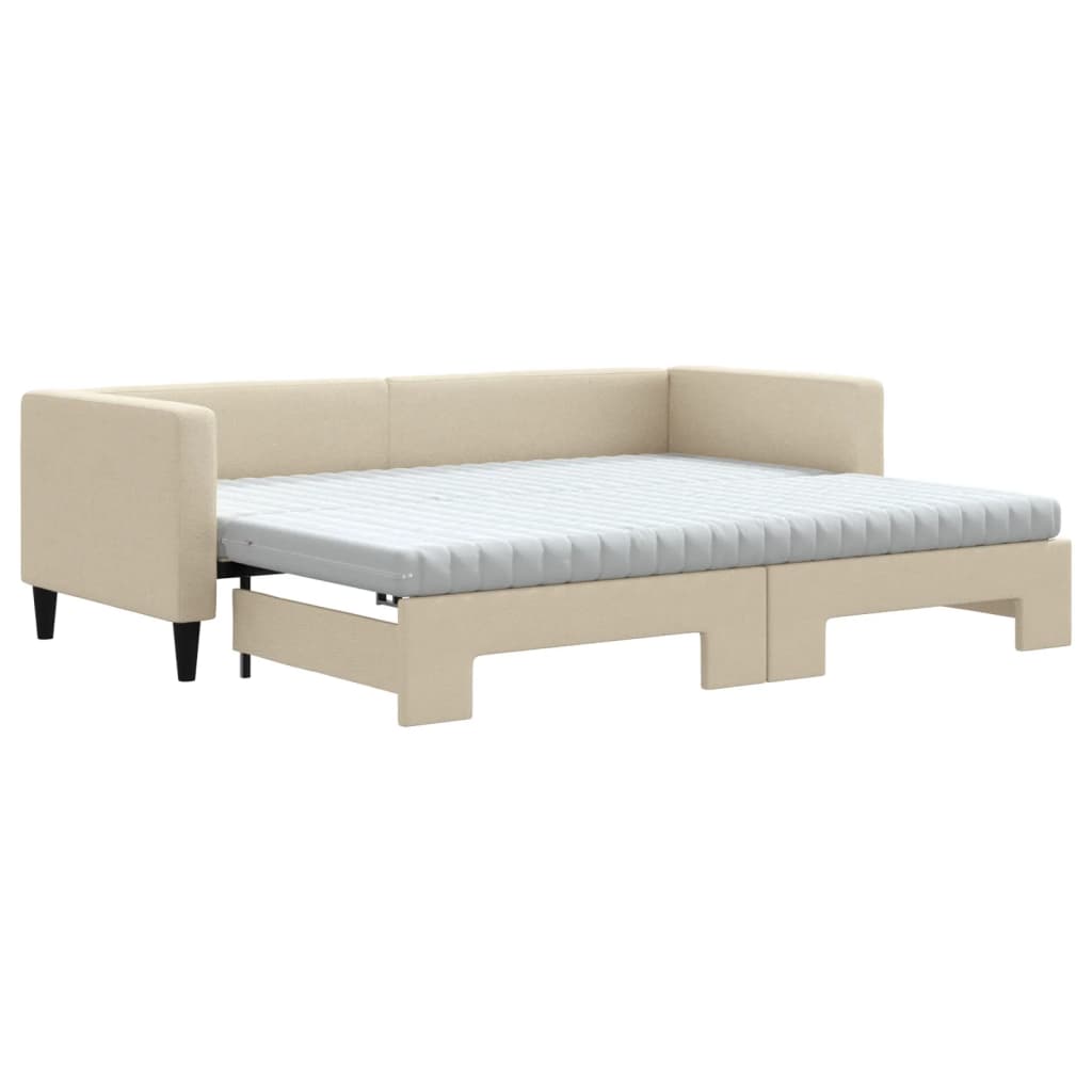 vidaXL Pat de zi cu extensie și saltele, crem, 80x200 cm, textil vidaXL Pat de zi cu extensie și saltele, crem, 80x200 cm, textil