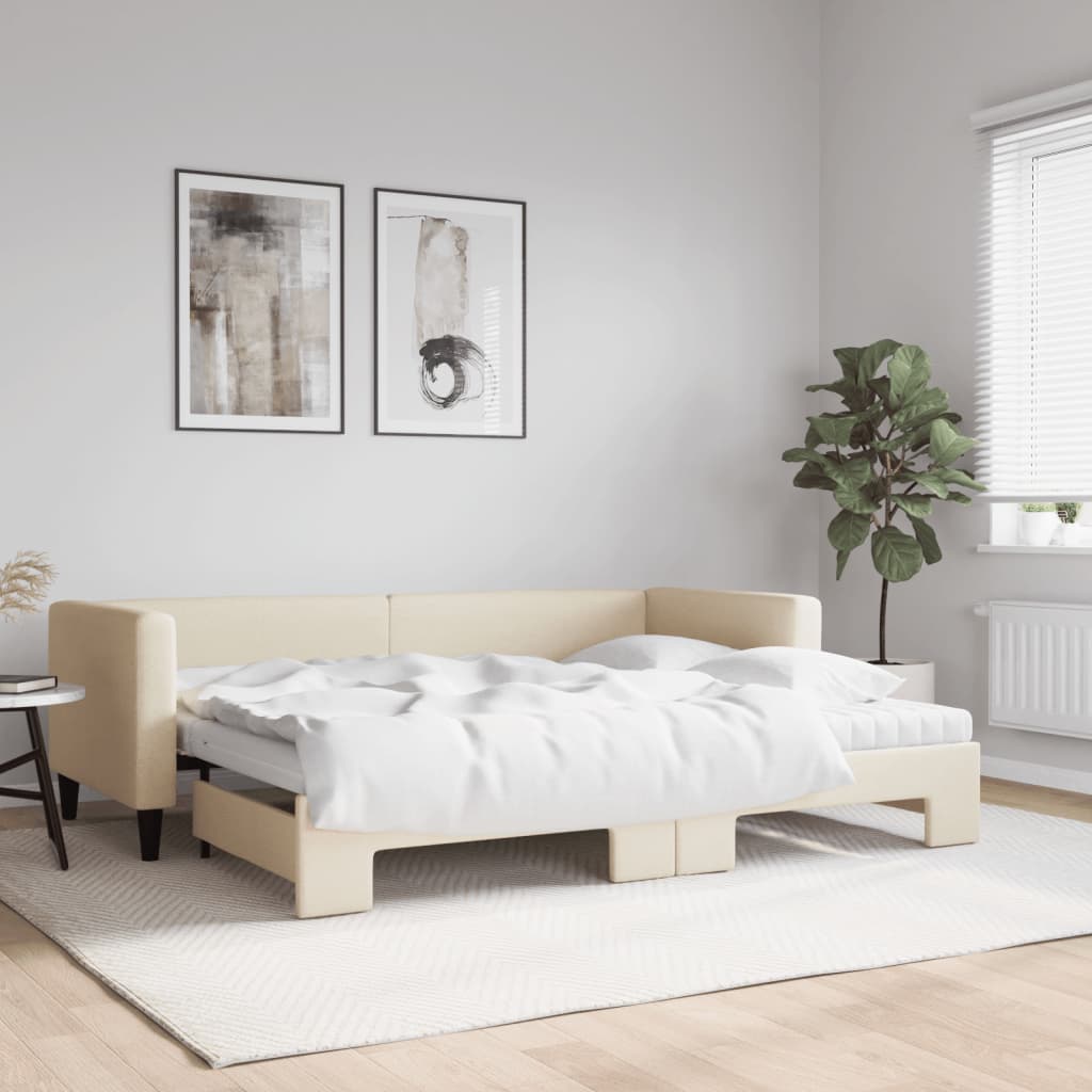 vidaXL Pat de zi cu extensie și saltele, crem, 80x200 cm, textil vidaXL Pat de zi cu extensie și saltele, crem, 80x200 cm, textil