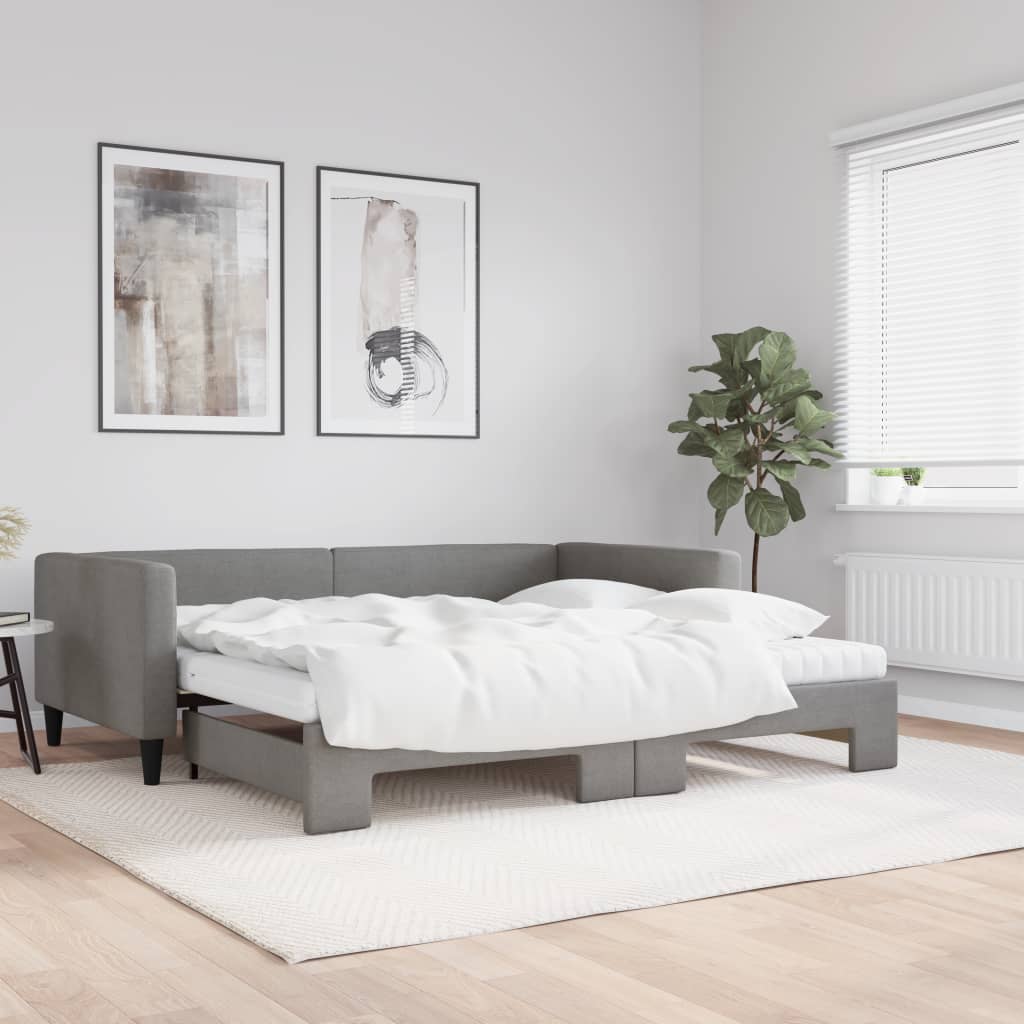 vidaXL Pat de zi cu extensie și saltele, gri închis, 100x200 cm textil vidaXL Pat de zi cu extensie și saltele, gri închis, 100x200 cm textil