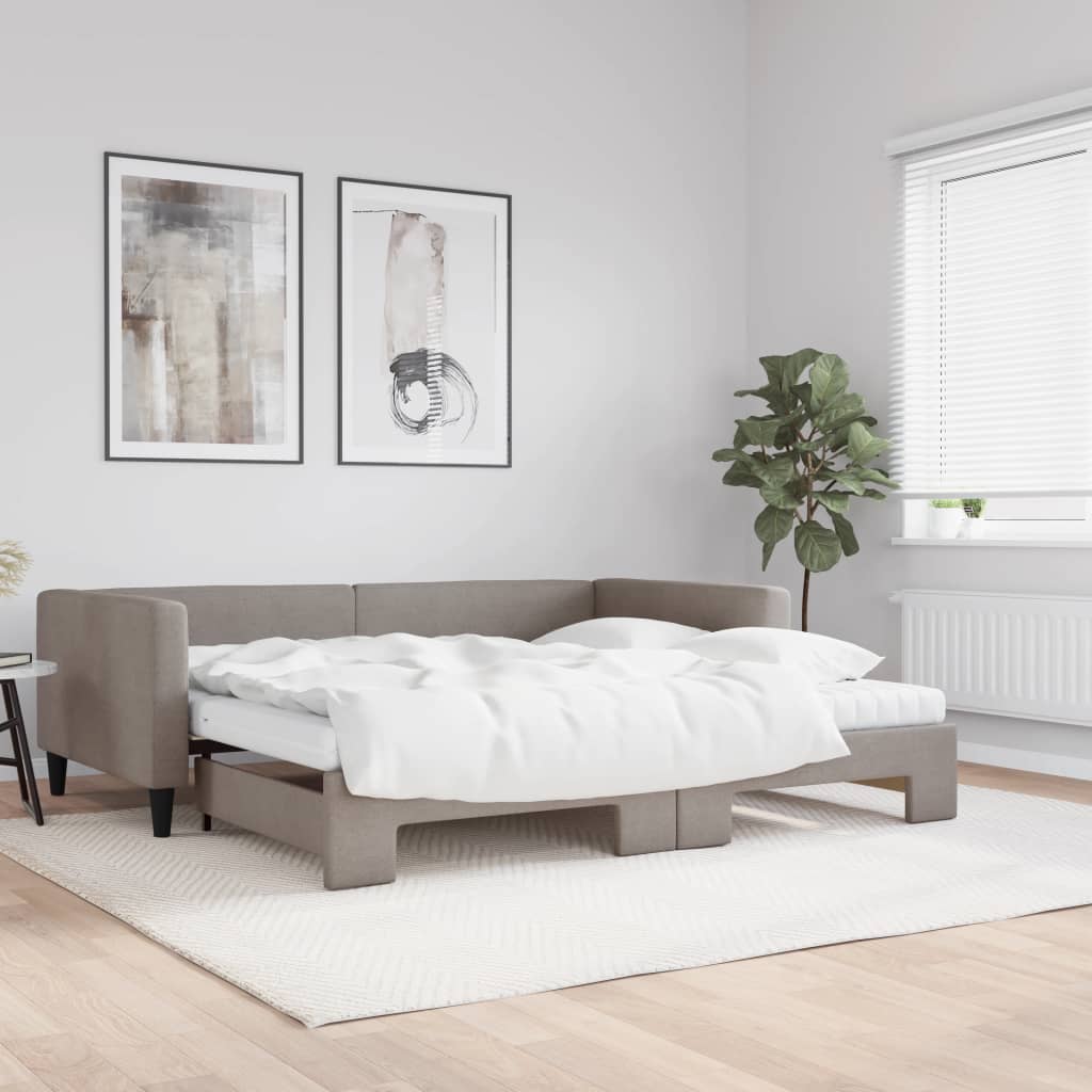 vidaXL Pat de zi cu extensie și saltele, gri taupe, 100x200 cm, textil vidaXL Pat de zi cu extensie și saltele, gri taupe, 100x200 cm, textil