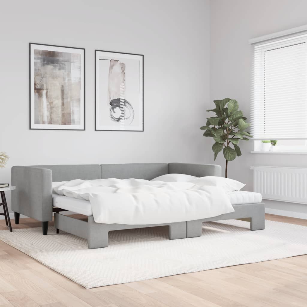 vidaXL Pat de zi cu extensie și saltele, gri deschis 90x190 cm textil vidaXL Pat de zi cu extensie și saltele, gri deschis 90x190 cm textil