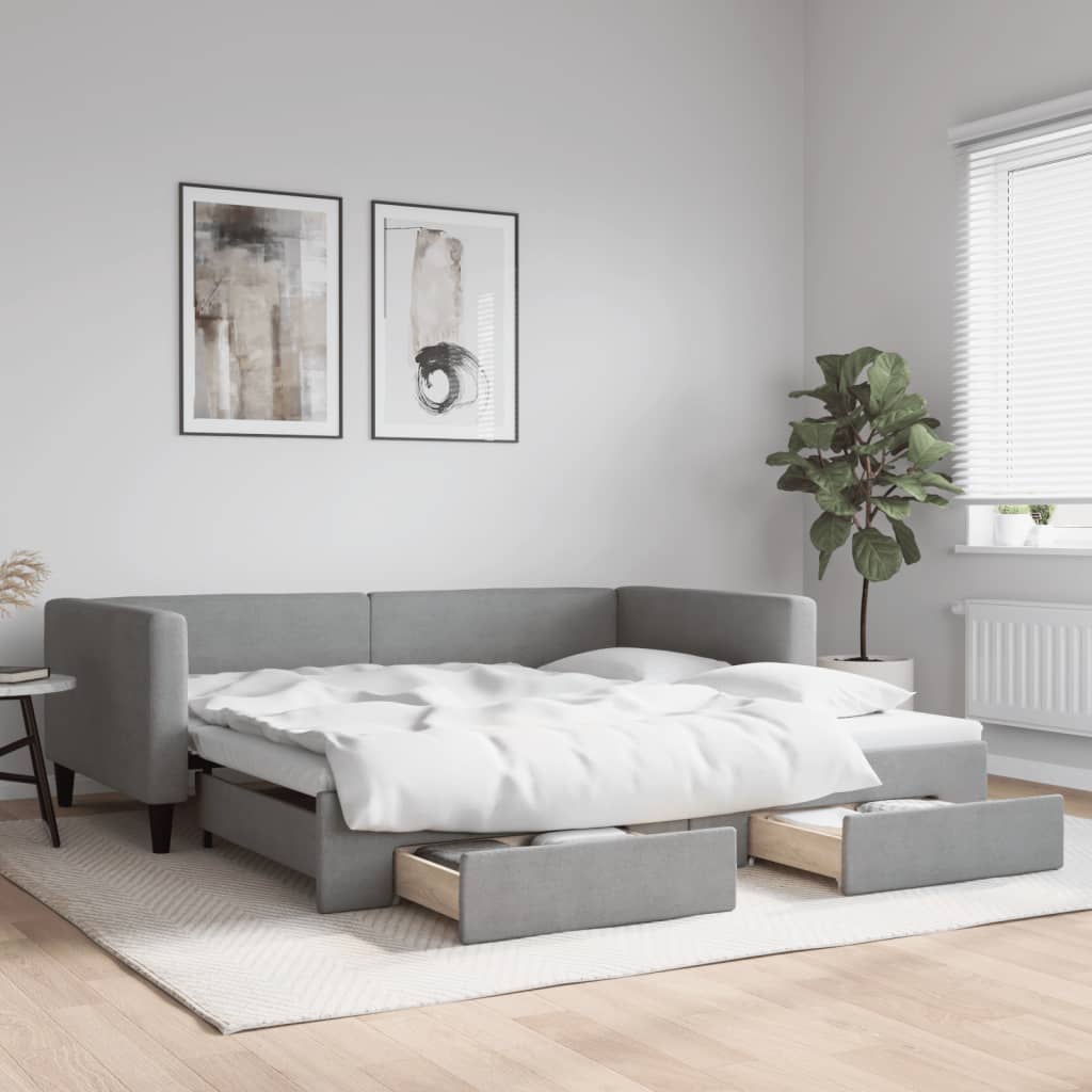 vidaXL Pat de zi cu extensie și sertare, gri deschis 100x200 cm textil vidaXL Pat de zi cu extensie și sertare, gri deschis 100x200 cm textil