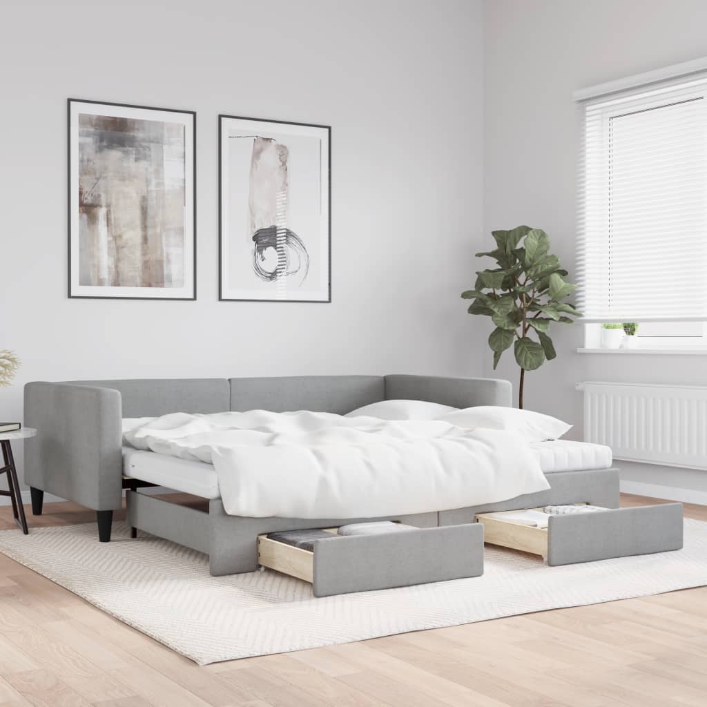 vidaXL Pat de zi cu extensie și sertare, gri deschis 100x200 cm textil vidaXL Pat de zi cu extensie și sertare, gri deschis 100x200 cm textil