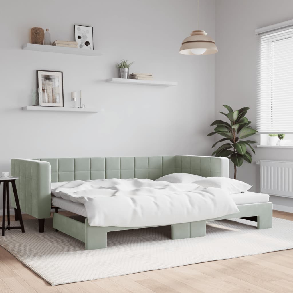 vidaXL Pat de zi cu extensie, gri deschis, 90x200 cm, catifea vidaXL Pat de zi cu extensie, gri deschis, 90x200 cm, catifea