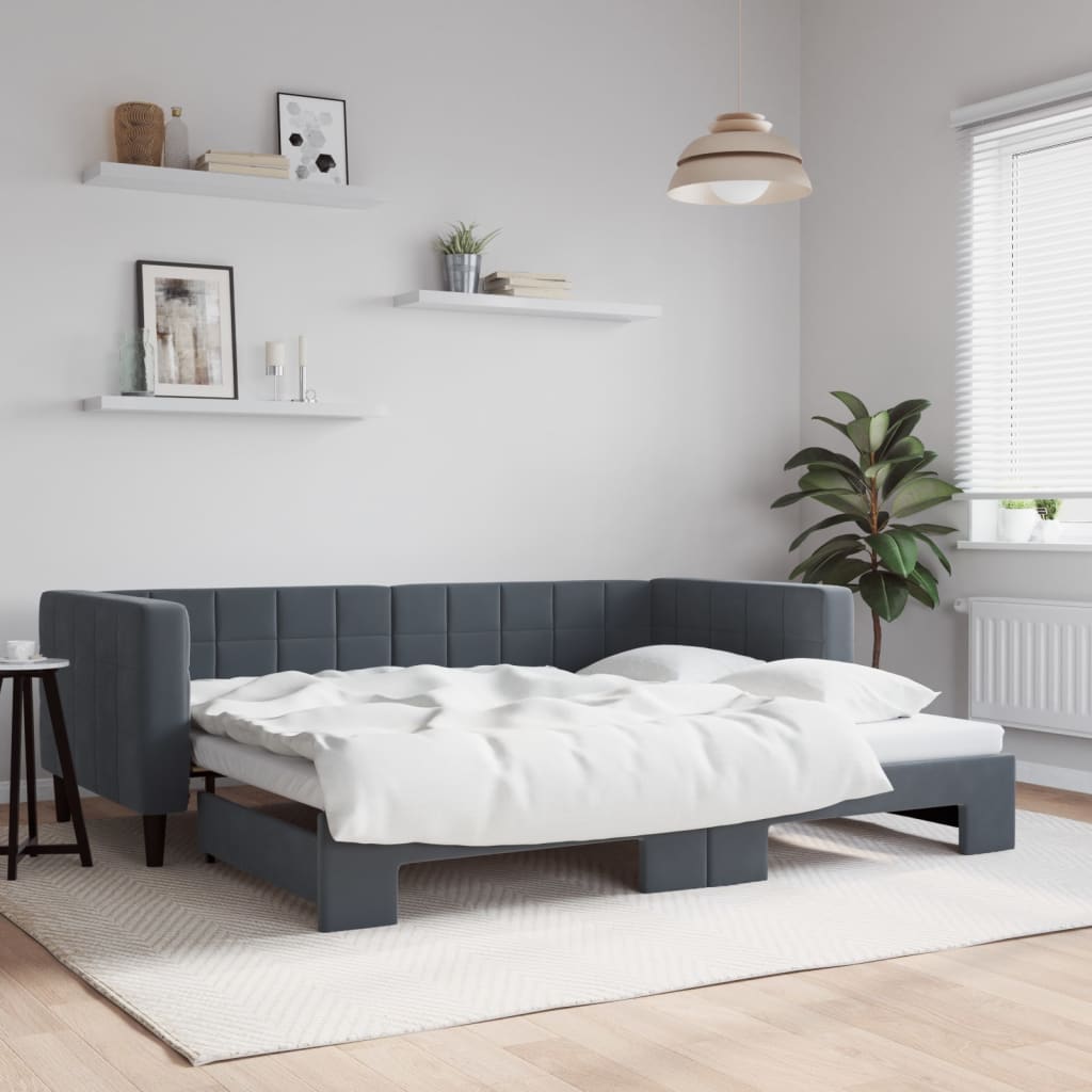 vidaXL Pat de zi cu extensie, gri închis, 90x200 cm, catifea vidaXL Pat de zi cu extensie, gri închis, 90x200 cm, catifea