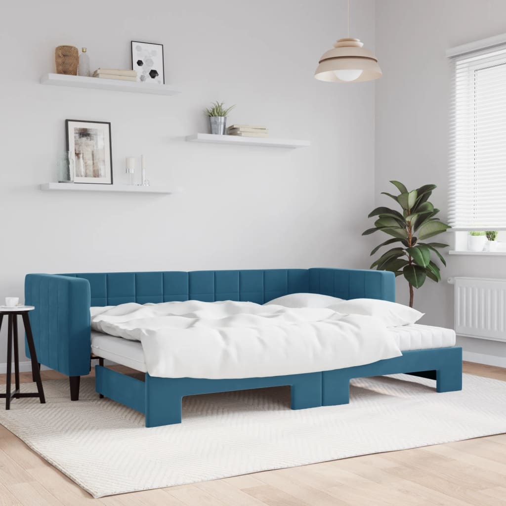 vidaXL Pat de zi cu extensie și saltea, albastru, 80x200 cm, catifea vidaXL Pat de zi cu extensie și saltea, albastru, 80x200 cm, catifea