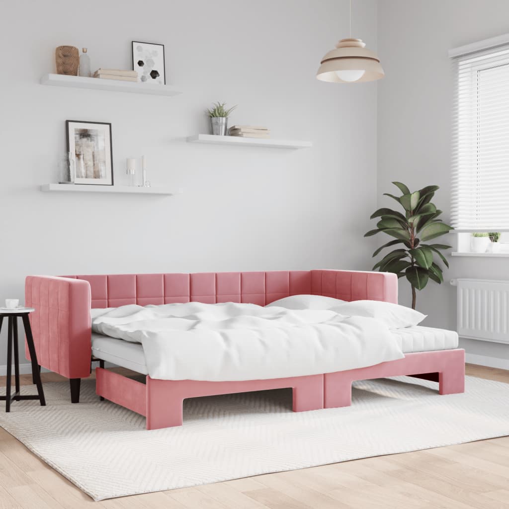 vidaXL Pat de zi cu extensie și saltea, roz, 80x200 cm, catifea vidaXL Pat de zi cu extensie și saltea, roz, 80x200 cm, catifea