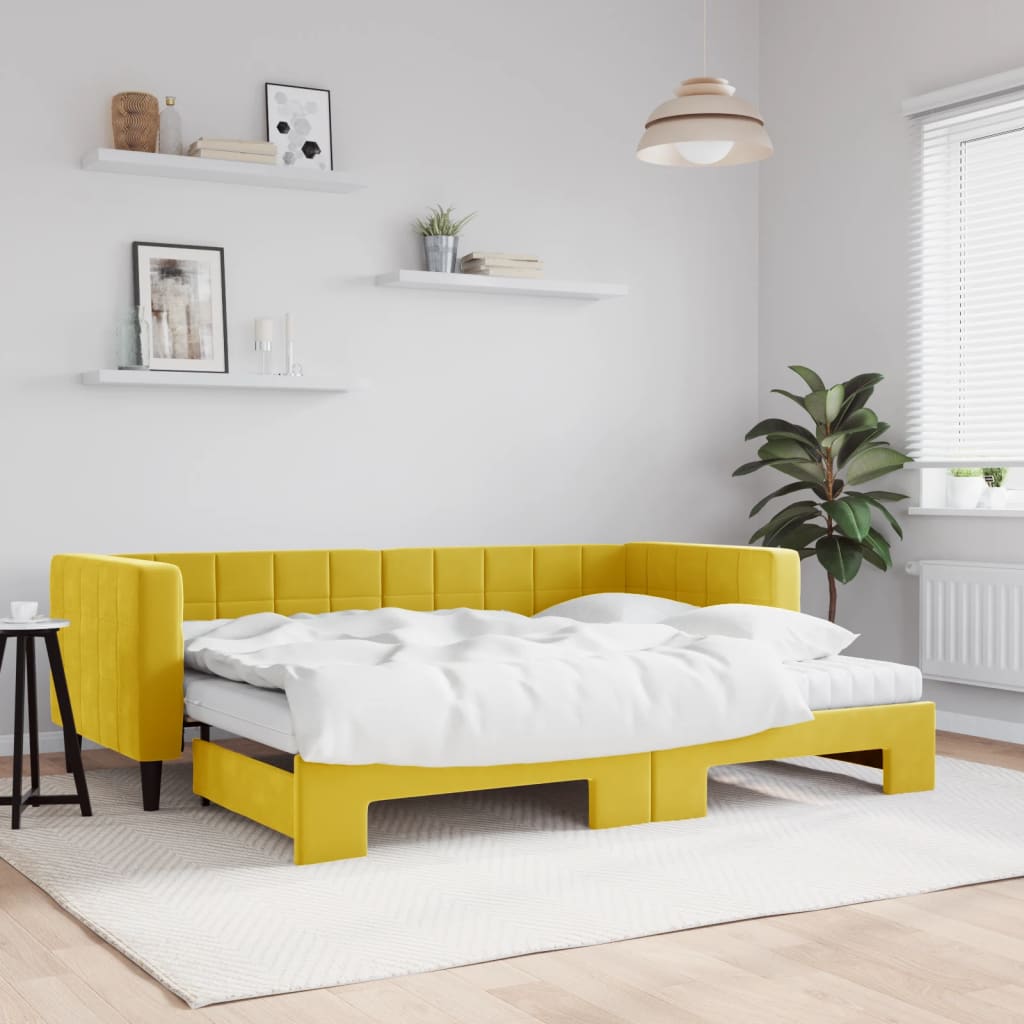 vidaXL Pat de zi cu extensie și saltea, galben, 80x200 cm, catifea vidaXL Pat de zi cu extensie și saltea, galben, 80x200 cm, catifea
