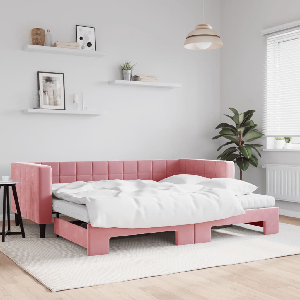 vidaXL Pat de zi cu extensie și saltea, roz, 90x200 cm, catifea vidaXL Pat de zi cu extensie și saltea, roz, 90x200 cm, catifea