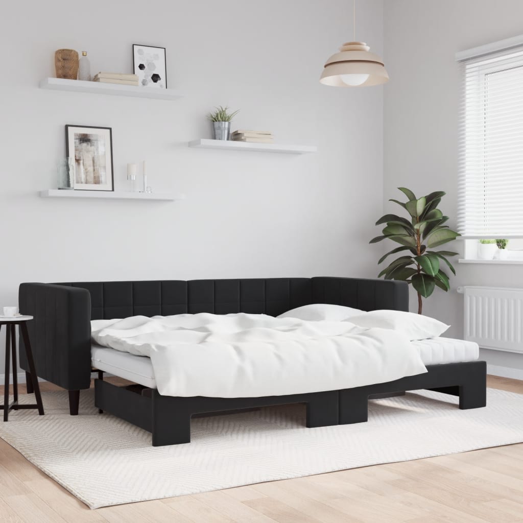 vidaXL Pat de zi cu extensie și saltea, negru, 90x200 cm, catifea vidaXL Pat de zi cu extensie și saltea, negru, 90x200 cm, catifea