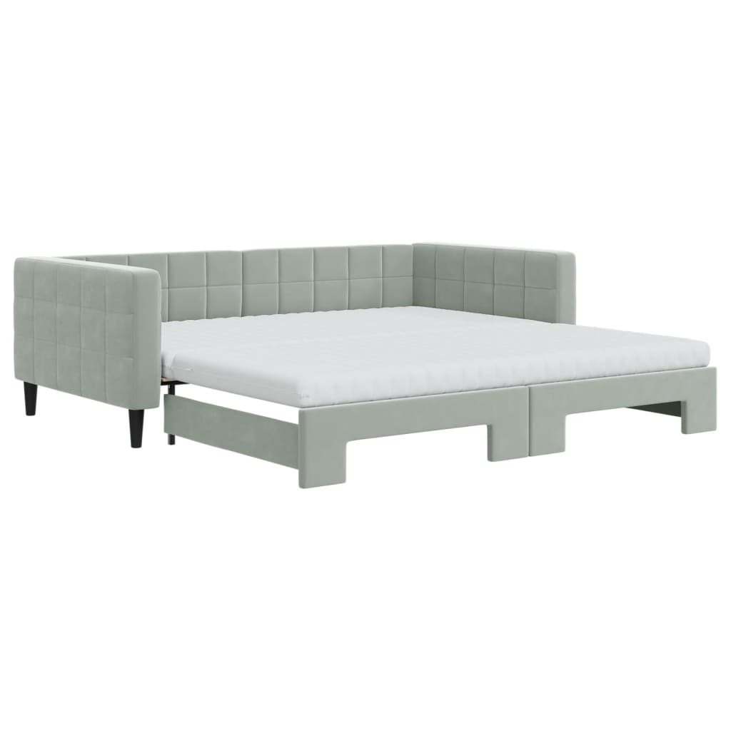 vidaXL Pat de zi cu extensie și saltele gri deschis 100x200 cm catifea vidaXL Pat de zi cu extensie și saltele gri deschis 100x200 cm catifea