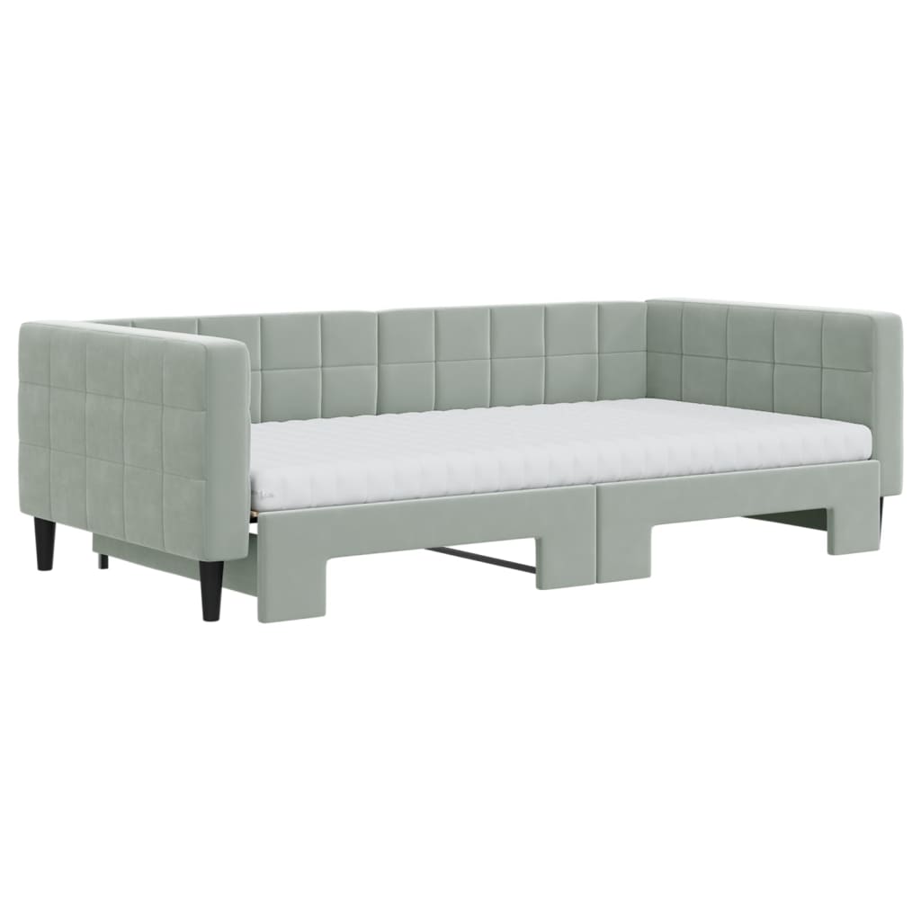 vidaXL Pat de zi cu extensie și saltele gri deschis 100x200 cm catifea vidaXL Pat de zi cu extensie și saltele gri deschis 100x200 cm catifea