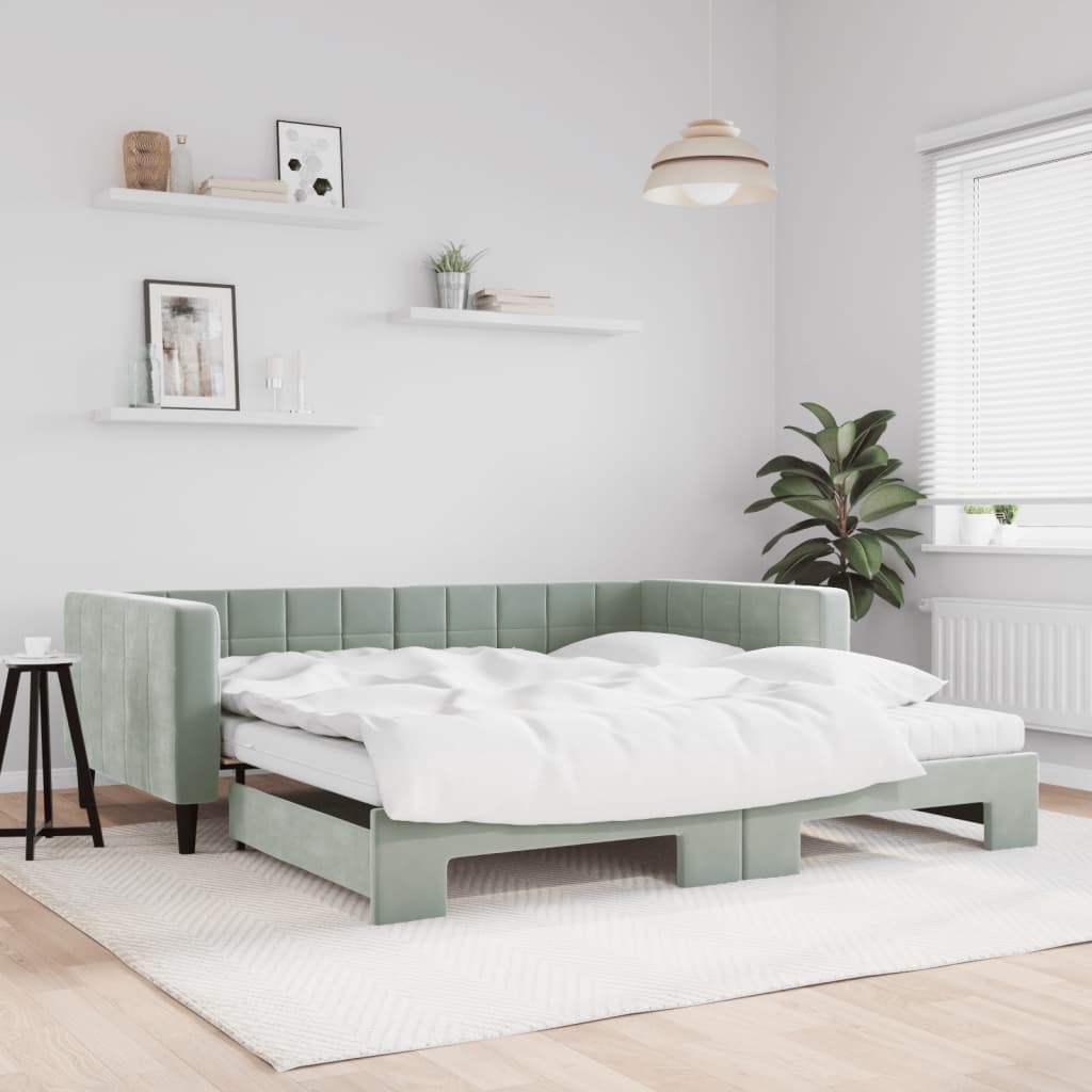 vidaXL Pat de zi cu extensie și saltele gri deschis 100x200 cm catifea vidaXL Pat de zi cu extensie și saltele gri deschis 100x200 cm catifea